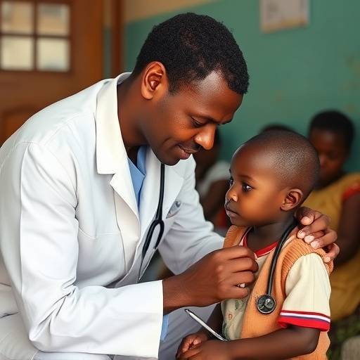 A doctor examining a child in a clinic in Uganda.