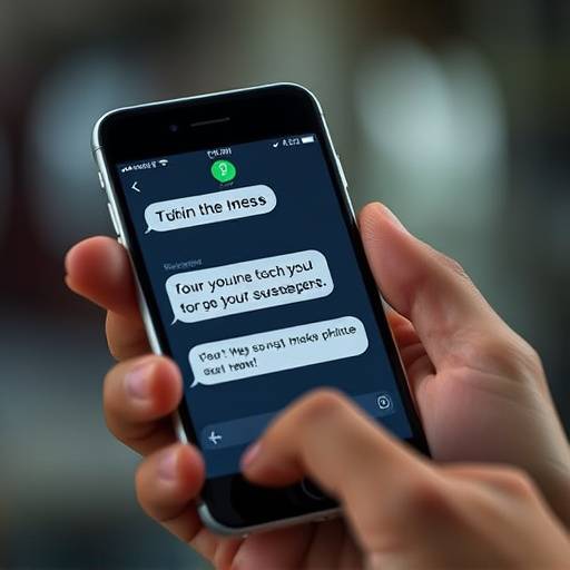 A hand holding a smartphone with a suspicious SMS message displayed, representing a phishing scam