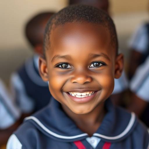 A Ugandan child in school uniform smiling