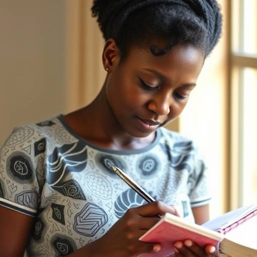 A Ugandan woman creating her budget using a notebook and pen, showing the step-by-step process
