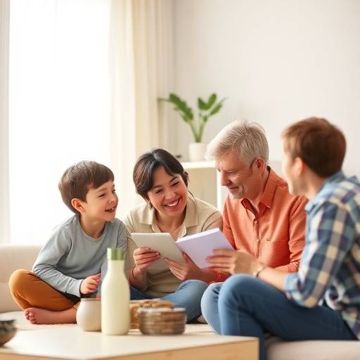 Family discussing finances together at a table.
