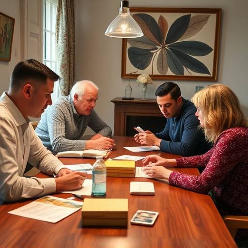 Family sitting together discussing a budget on a table.