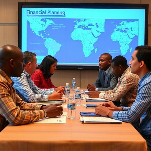 Group of Ugandans discussing financial planning around a table