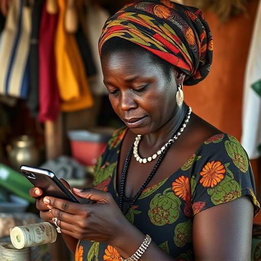 Ugandan woman using her mobile phone to make a mobile money transaction at a market stall