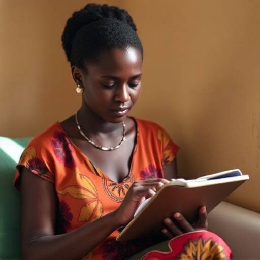Woman in Kampala tracking her expenses in a notebook, representing daily budgeting in Uganda